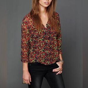 FREE PEOPLE Easy Rider Sheer Floral Print Button Up Womens XS Roll Tab Sleeve